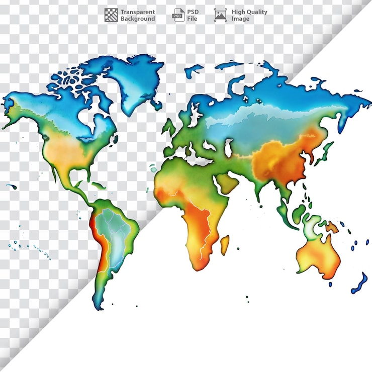 PSD mapa del mundo con sombreado topográfico que muestra los cambios de elevación a través de los continentes