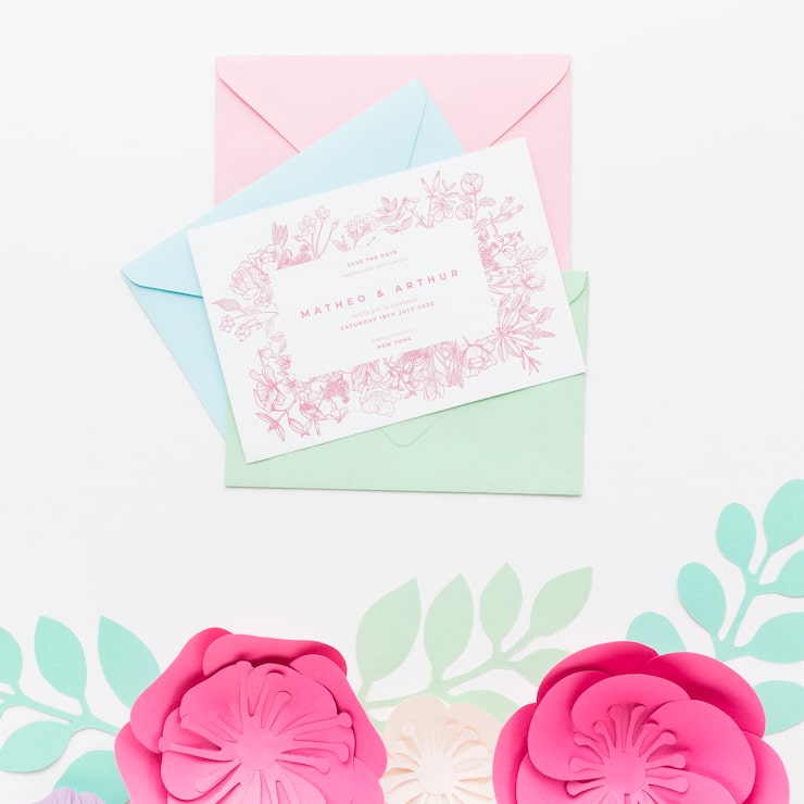 PSD maqueta de invitación de boda y sobres con flores de papel