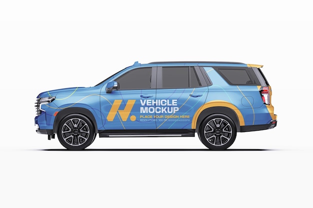 PSD maqueta de marca de vinilo para suv azul renderizada en 3d.
