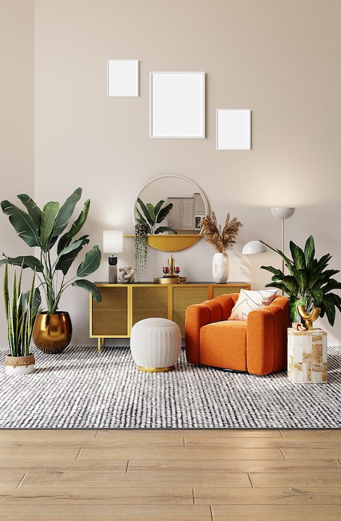 PSD maqueta de marco de pared de diseño interior moderno con plantilla de espejo