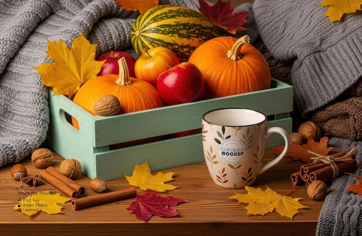 PSD maquette de tasse à café dans une scène rustique de caisse de récolte d'automne