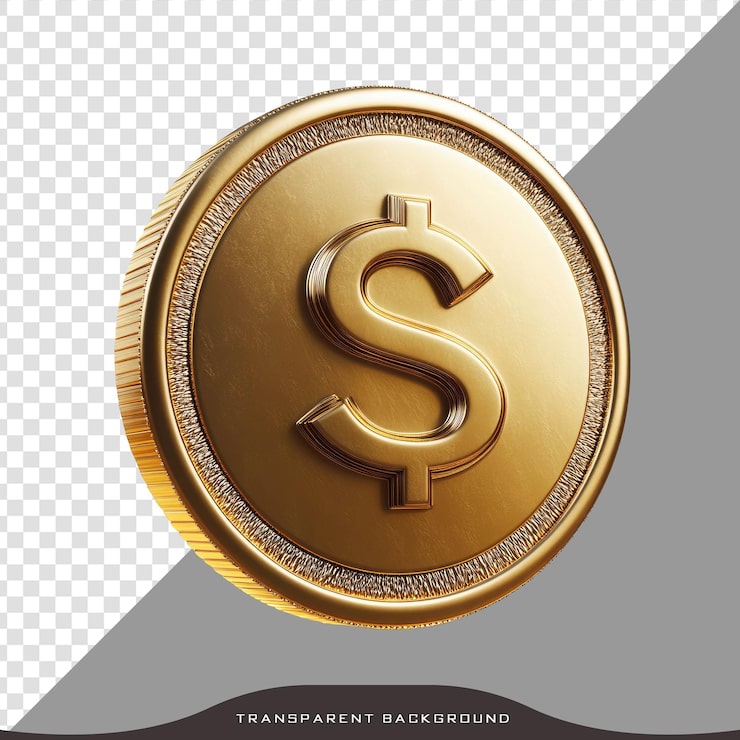 PSD medallón de oro con el signo del dólar sobre un fondo transparente