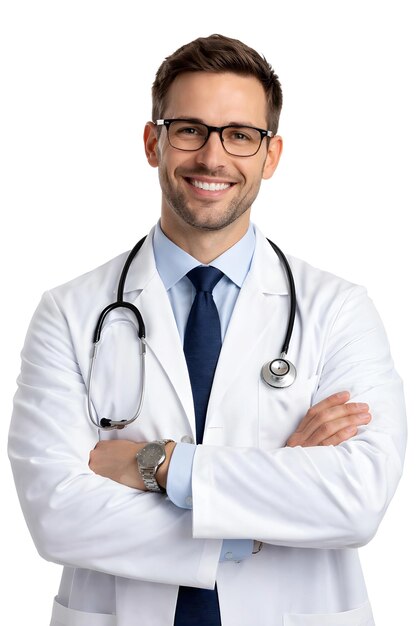 PSD médico sonriente con estetoscopio y bata de laboratorio
