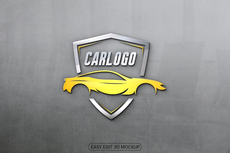 PSD metallisches 3d-auto-logo mockup auf strukturiertem grauem hintergrund