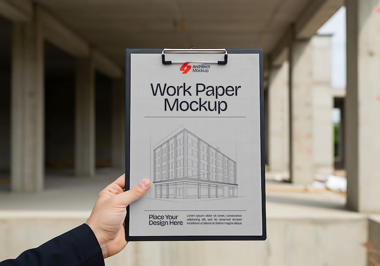 PSD mockup kertas kerja di papan klip di lokasi konstruksi