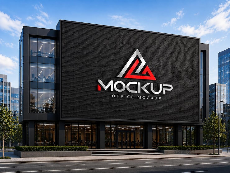 PSD mockup nápisu na fasádě moderní kancelářské budovy.