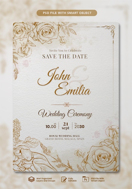 PSD modèle de carte d'invitation de mariage de conception plate