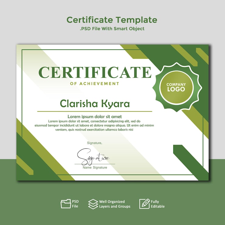 PSD modèle de certificat simple feu vert