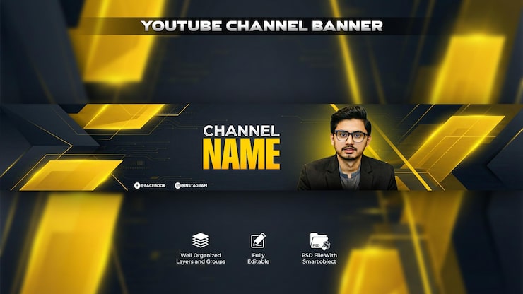 PSD modelo de banner de arte para canal do youtube moderno em ouro escuro com design geométrico