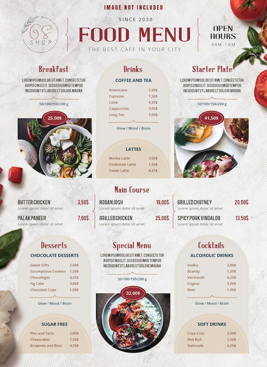 PSD modelo de cardápio de comida para cafeteria e restaurante com design de folheto
