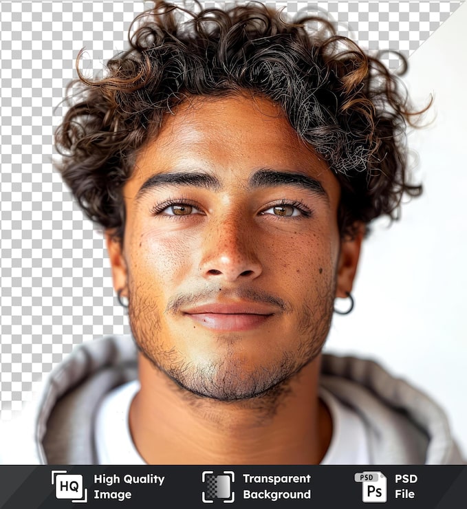 PSD modelo de retrato de objeto transparente de un joven guapo con cabello rizado en camisa blanca gris y