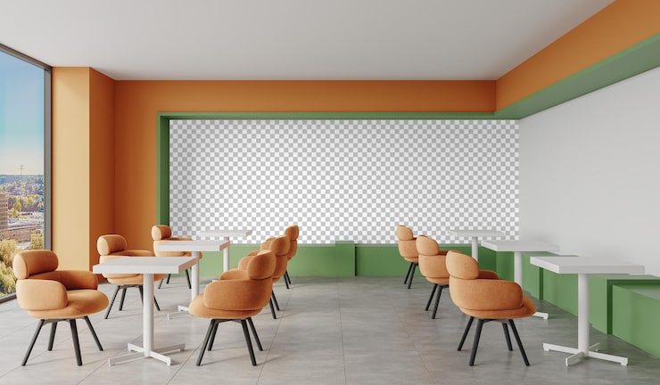 PSD modernes café-interieur mit leeren tischen und stühlen und platzhalterwand