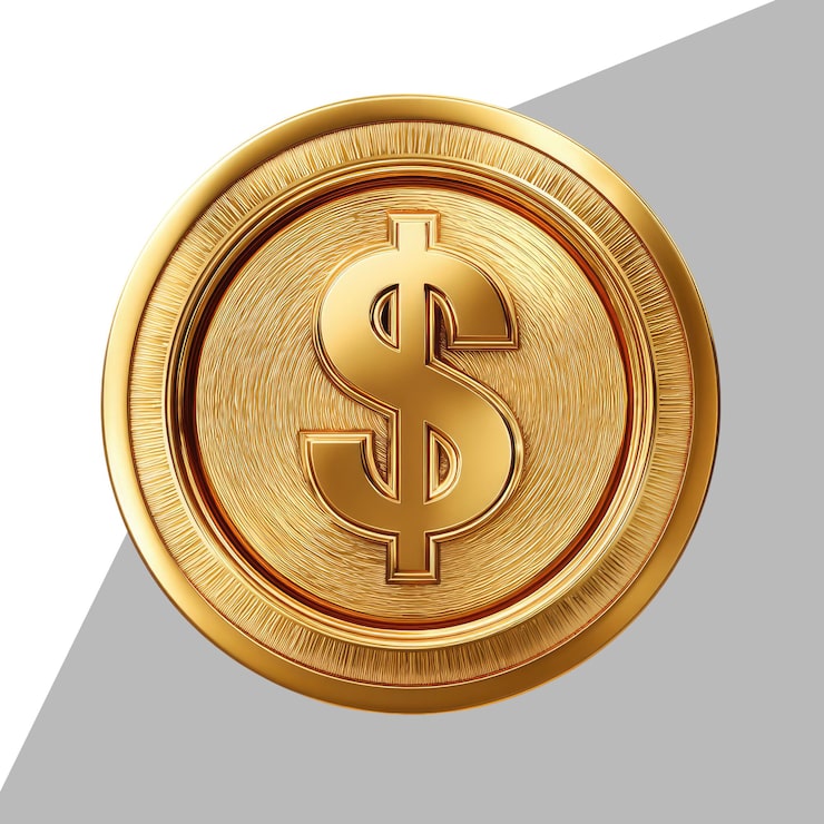 PSD moneda de dólar dorada reluciente, símbolo de dólar, fondo blanco, png