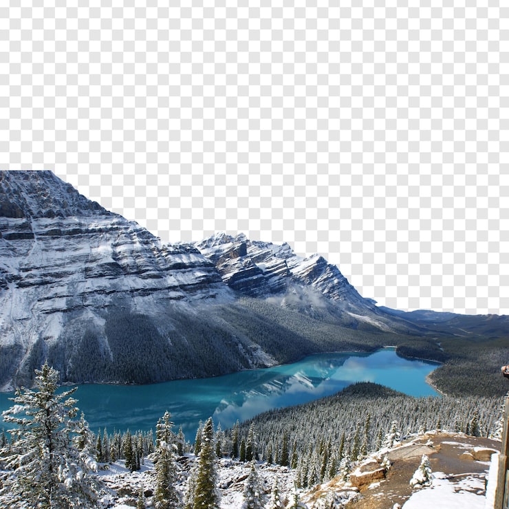 PSD montanhas nevadas e paisagem de lago turquesa no parque nacional de banff