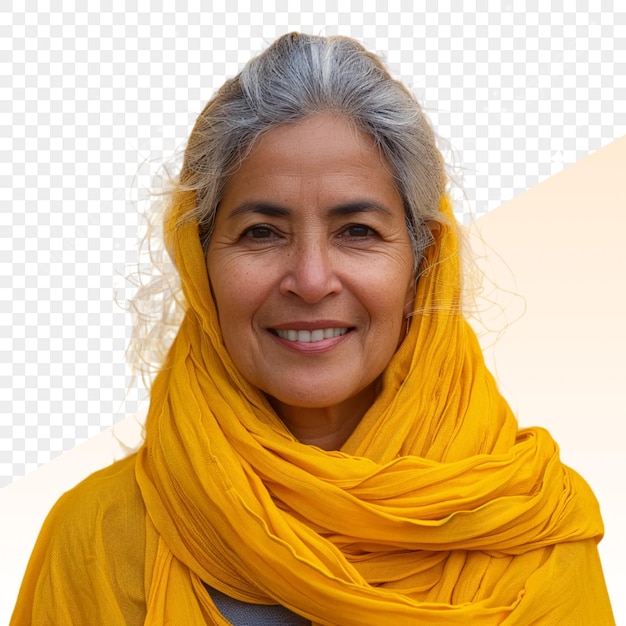 PSD una mujer con una bufanda amarilla que dice "sonrisa"