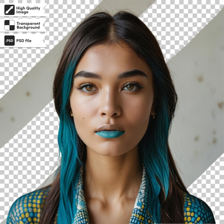 PSD una mujer con cabello azul y un brillo de labios azul