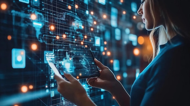PSD mujer explorando datos digitales