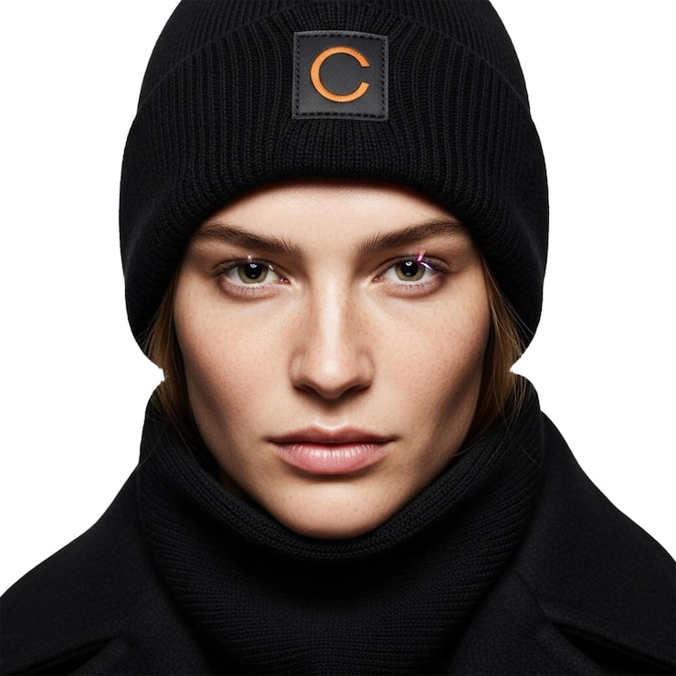 PSD mujer con gorro negro con logo c naranja y cuello alto