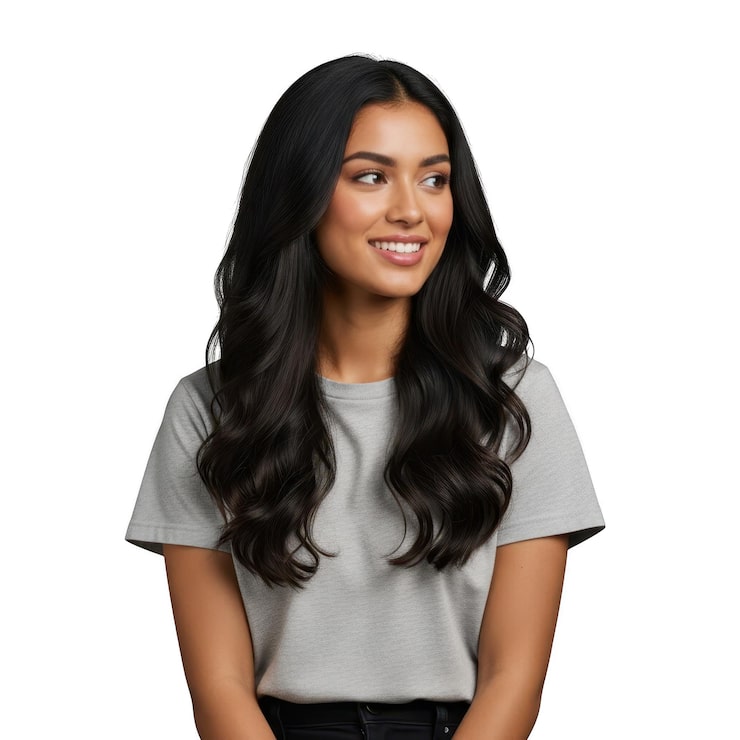 PSD mujer joven sonriendo con cabello largo y ondulado, aislada sobre fondo transparente.