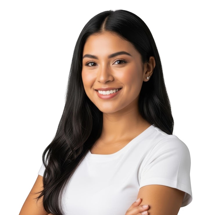 PSD mujer joven sonriendo con confianza aislada sobre fondo transparente