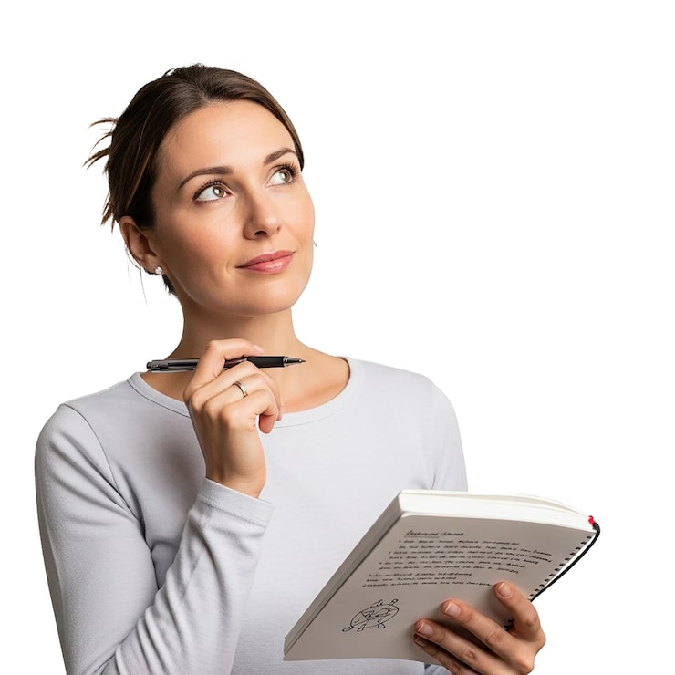PSD mujer pensativa reflexionando ideas con cuaderno y bolígrafo