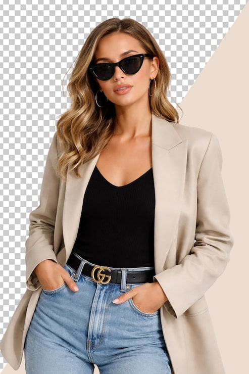 PSD mulher elegante com blazer bege e jeans