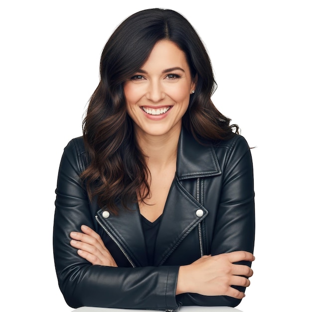 PSD mulher sorridente com casaco de couro