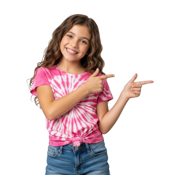 PSD niña con camiseta tie-dye rosa señalando, aislada sobre fondo transparente