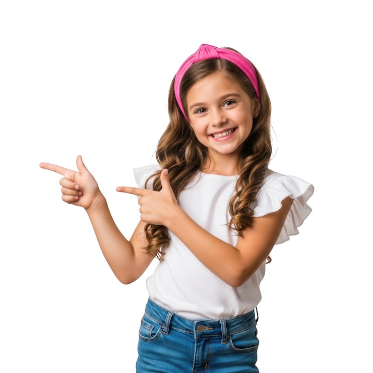 PSD niña señalando con entusiasmo aislada sobre fondo transparente