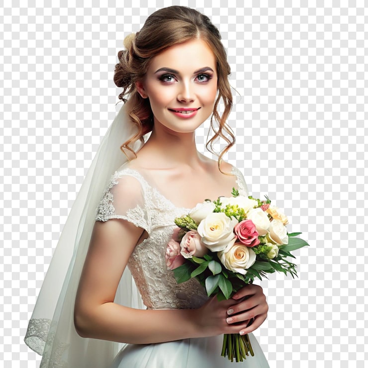 PSD una novia con un ramo de flores en sus manos