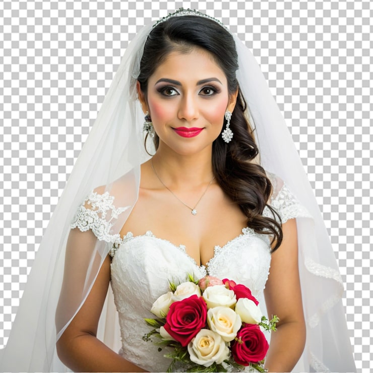 PSD novia sosteniendo un ramo de flores en un fondo transparente de estilo rústico