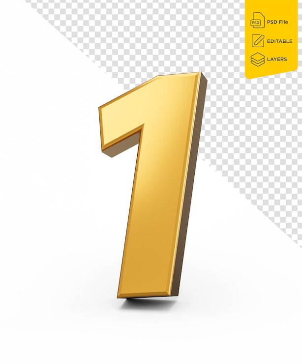 PSD número 1 dourado um em fundo branco brilhante 3d número 1 feito de ouro ilustração 3d