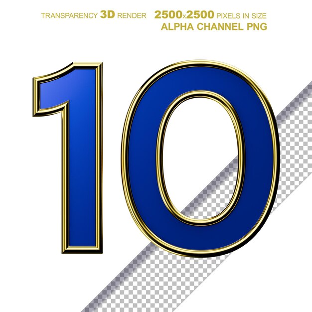 PSD número 10 renderizado 3d azul y dorado