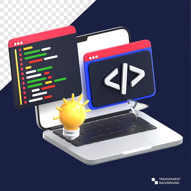 PSD ordinateur portable 3d avec éditeur de code et ampoule d'idée pour la programmation