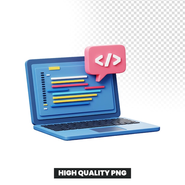PSD un ordinateur portable rendu en 3d avec un symbole de codage et un affichage du code source