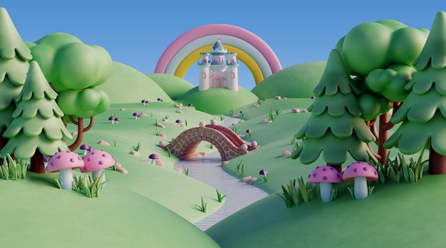 PSD paesaggio 3d con elementi fiabeschi