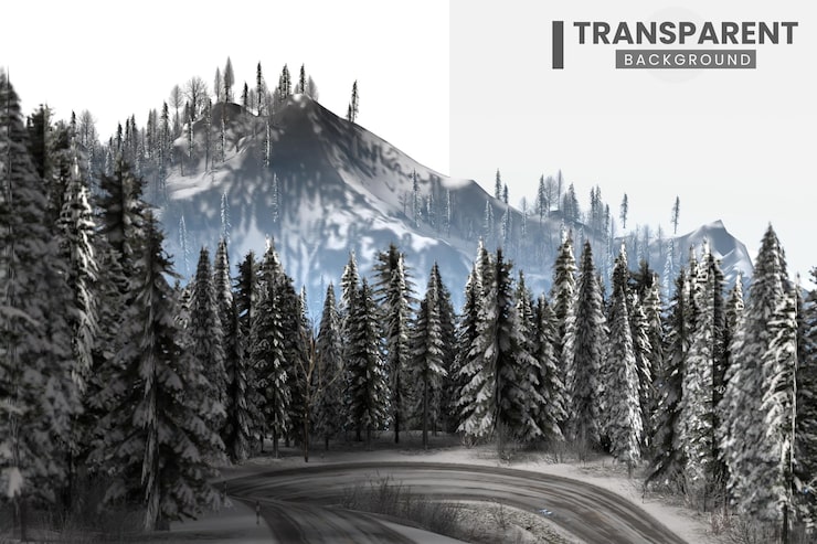 PSD paisagem de floresta e montanha coberta de neve em 3d com fundo transparente