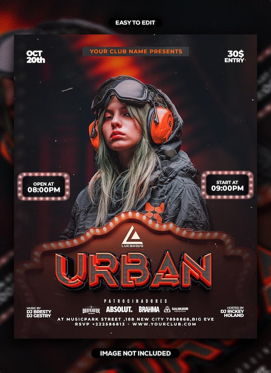PSD pamflet acara klub malam urban dengan dj dan desain bergaya