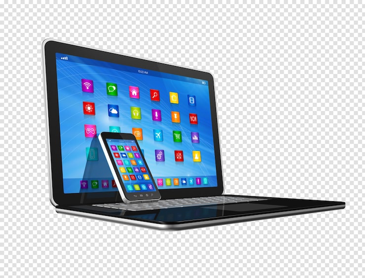 PSD pc numérique 3d et téléphone avec interface d'icônes d'applications isolée