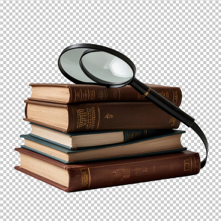 PSD pila de libros con una lupa