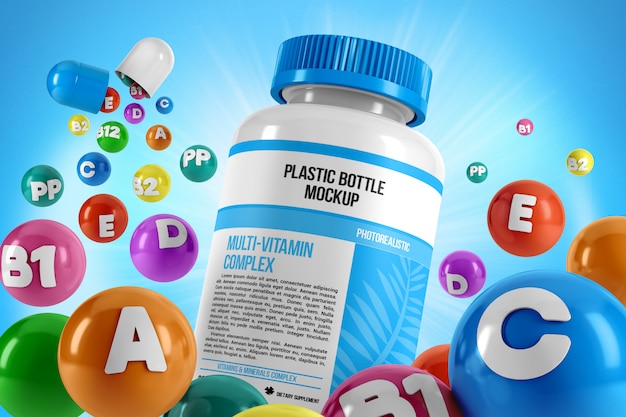 PSD pillenflasche mit fliegendem vitaminmodell