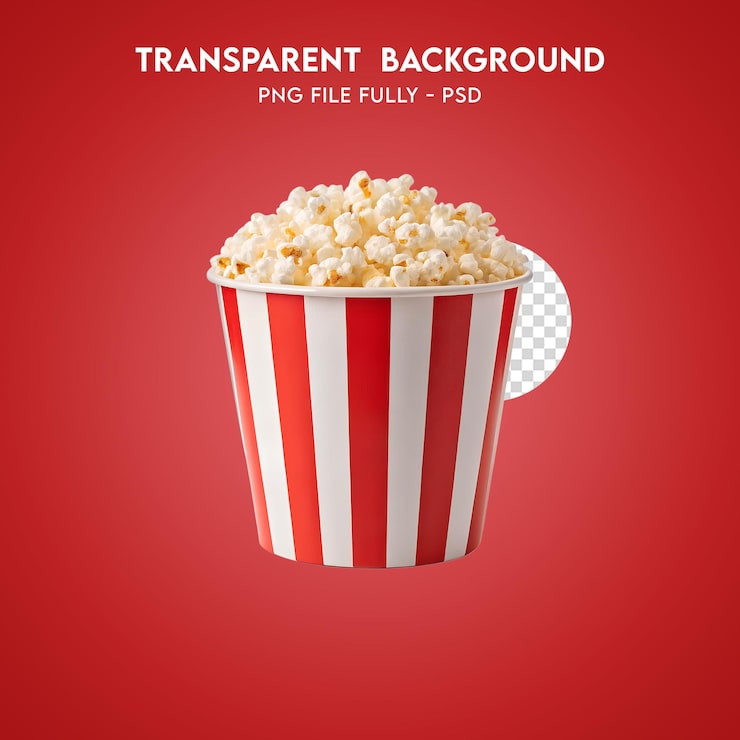 PSD pipoca de cinema deliciosa em recipiente clássico vermelho e branco
