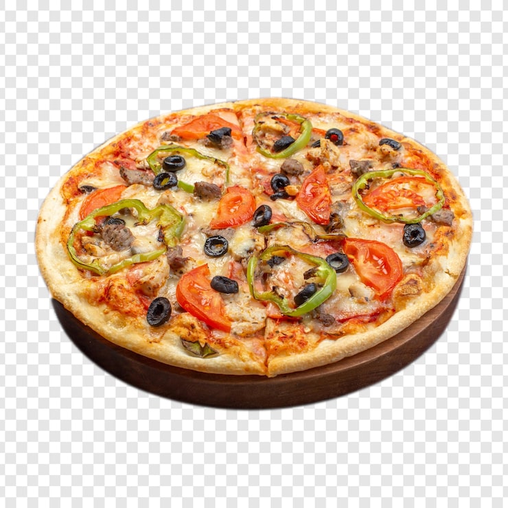 PSD pizza deliciosa com legumes e queijo num prato de madeira png imagem transparente de alta qualidade