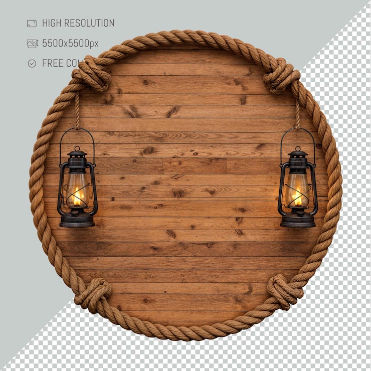 PSD placa de madera rústica circular con linternas y borde de cuerda