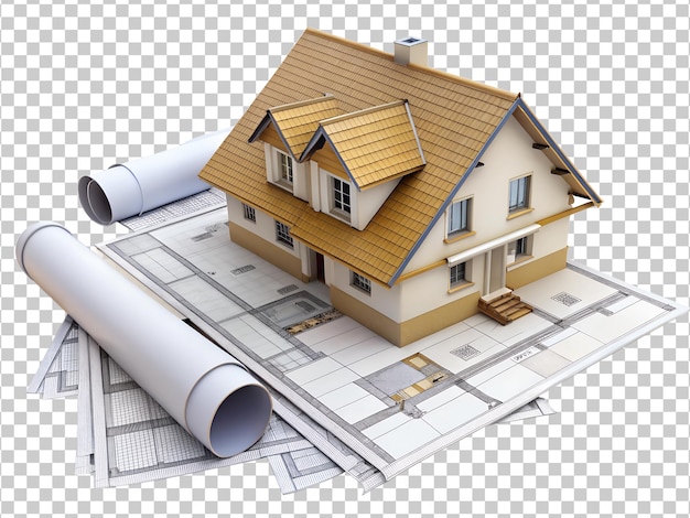 PSD des plans de construction et une maquette d'une petite maison exposées