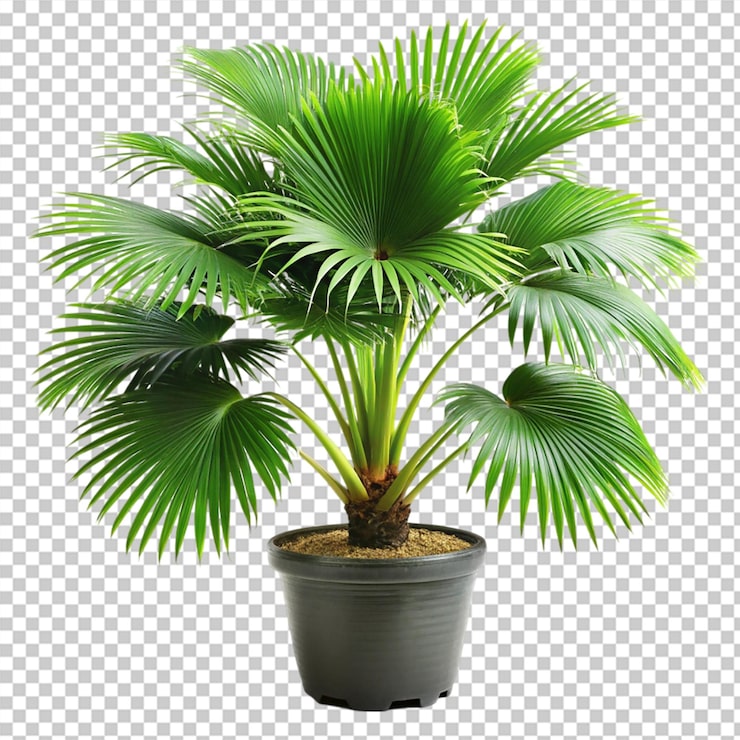 PSD planta de palmeira chinesa em pote preto isolada em fundo transparente