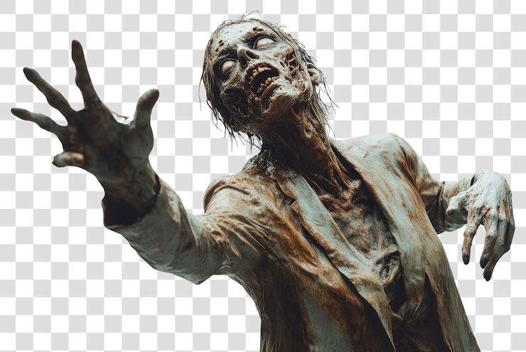 PSD png zombie en descomposición alcanzando a la mujer
