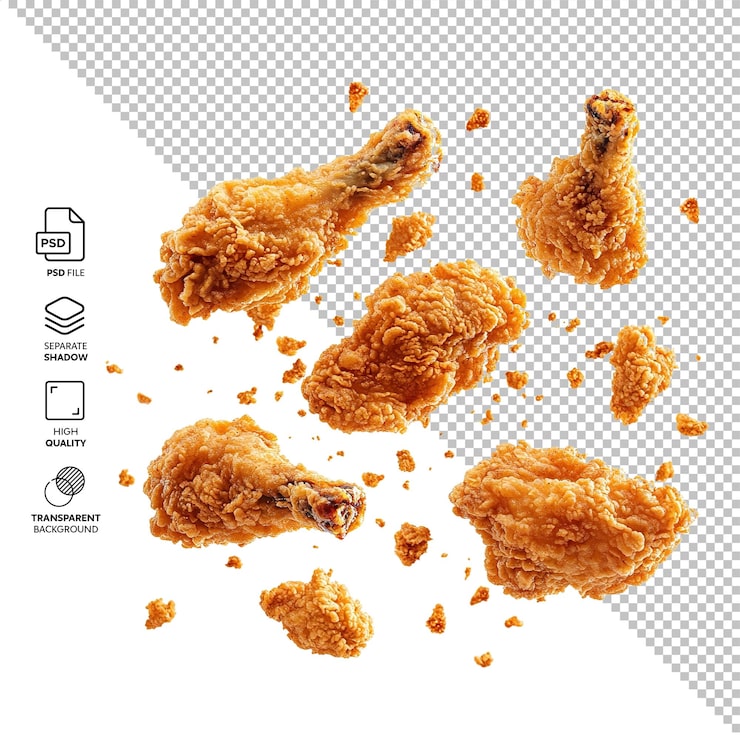PSD pollo frito crujiente volando aislado sin fondo