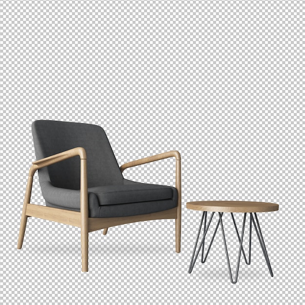 PSD poltrona e mesa cinzentas na rendição 3d