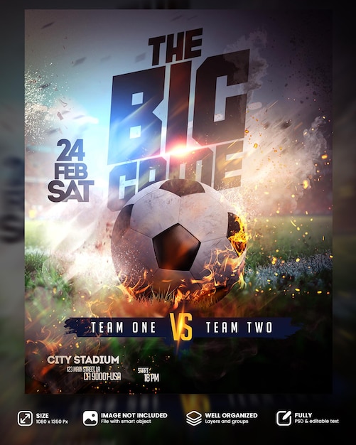 PSD poster acara pertandingan sepak bola besar.